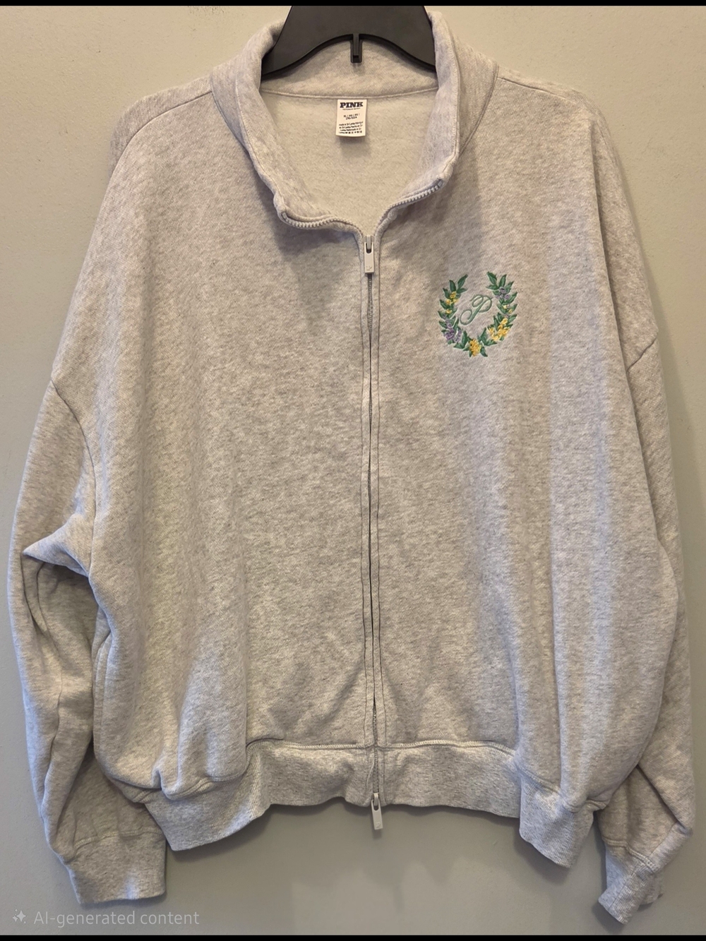 Pink Victorias Secret Light Gray Double Zip Sweatshirt with Embroidered Logo